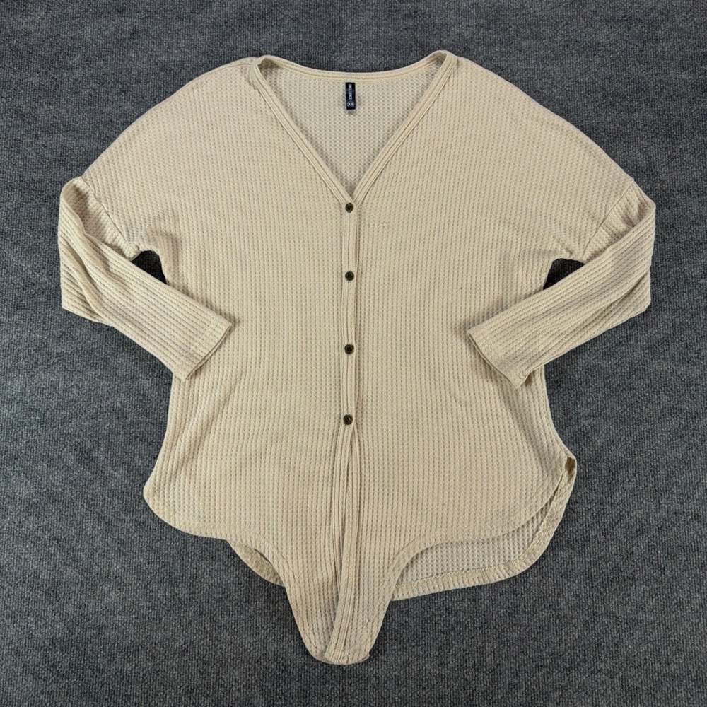 IWOLLENCE Beige Waffle Knit Tie Front Button Up V-Neck Top Womens XS Long Sleeve